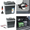 Collage of images showing a portable cooler, its power connections, and its use in a car. Produktbild-Vorschau