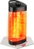 A black and red infrared heater is shown on a light gray hexagonal base with a red arrow indicating 120-degree oscillation. Produktbild-Vorschau