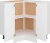 A white corner kitchen cabinet with its doors open, revealing the interior shelves and unfinished particleboard backing. Náhľad obrázku produktu