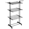 A black metal drying rack with three tiers and wheels. Produktbild-Vorschau