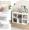 A white cube bookshelf filled with decorative items and books, with inset images highlighting product features. Náhľad obrázku produktu