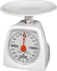 A white mechanical kitchen scale with a weighing tray and a circular dial. Produktbild-Vorschau
