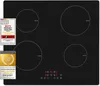 A top-down view of a black induction hob with four heating zones. There are promotional badges in the top-left corner. Produktbild-Vorschau