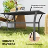 A dark gray metal side table with a slatted top is shown outdoors on grass, with a chair and plants in the background. Close-up insets highlight features. Náhled obrázku produktu