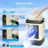 A portable air conditioner with ice box and water injection features, shown with illustrative graphics and text. Produktbild-Vorschau