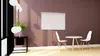 A whiteboard is mounted on a brown wall above a small round table with two white chairs. Produktbild-Vorschau
