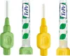 Four interdental brushes, two green and two yellow, are arranged in a row against a white background. Produktbild-Vorschau