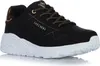 A studio shot of a single black Skechers sneaker with white soles and gold accents. Voir les images du produit
