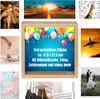 A collage of images related to celebrations, travel, and personal milestones, featuring a wooden money box with customizable space. Produktbild-Vorschau
