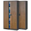 A double metal filing cabinet with a wood-grain finish on the doors, showing multiple blue binders inside. Produktbild-Vorschau