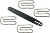 A chainsaw bar and four chains are laid out on a white background. Produktbild-Vorschau