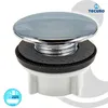 A close-up studio shot of a chrome drain stopper with a black rubber seal and a white plastic base. Produktbild-Vorschau