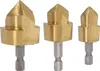 Three brass-colored drill bits with silver-colored hexagonal shafts are arranged side-by-side against a white background. Voir les images du produit