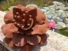 A metal flower sculpture sits on a stone ledge next to a pond with water lilies and a pink water lily. Produktbild-Vorschau