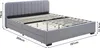 A grey upholstered bed frame with a slatted base and dimensions indicated by measurement lines. Produktbild-Vorschau