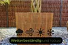 A woven willow mat is shown in an outdoor setting, with icons representing weather conditions and text indicating durability. Podgląd zdjęcia produktu