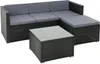 A black rattan lounge set with gray cushions and a glass-top coffee table, shown on a white background. Produktbild-Vorschau