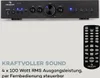 A product shot of a stereo amplifier and its remote control, with marketing text. Produktbild-Vorschau