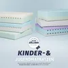 A stack of colorful mattress samples with a brand logo and text. Produktbild-Vorschau