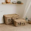 Two woven toy baskets labeled 'TOYS' are placed on a rug in a child's room, with a shelf of toy vehicles and a lion plush toy above. Produktbild-Vorschau