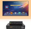 A digital satellite receiver and its remote control are shown in front of a screen displaying a menu. Produktbild-Vorschau