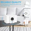 A white dust collection bag shown on a table with an out-of-focus sofa in the background. Insets show product features. Produktbild-Vorschau