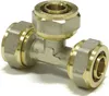 A close-up studio shot of a brass plumbing T-fitting. Náhľad obrázku produktu