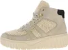 Side view of a beige high-top sneaker with cream-colored fuzzy accents. Voir les images du produit