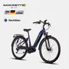 A blue electric bicycle is shown against a plain white background, with branding and product information in the upper left corner. Produktbild-Vorschau
