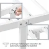 Close-up view of a white metal bed frame assembly, showing a hand using a tool to tighten a screw on a joint, with inset images highlighting structural details and text explaining features. Podgląd zdjęcia produktu