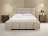 A modern upholstered bed with a slatted headboard and footboard, set in a minimalist bedroom with matching nightstands and pendant lighting. Náhled obrázku produktu