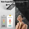 A woman is showering under a modern square shower head. The image also includes diagrams illustrating the difference in temperature with and without air technology. Produktbild-Vorschau
