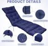 A navy blue chaise lounge cushion is shown with callouts highlighting its features. Náhled obrázku produktu