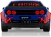The rear view of a blue remote-controlled drift car with red flame graphics. Produktbild-Vorschau