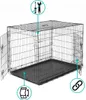 A wire dog crate with several informational icons pointing to different features. Podgląd zdjęcia produktu