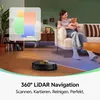 A young girl is sitting on a couch holding a teddy bear, while a robot vacuum cleaner is shown on the floor in the foreground. An overlay graphic illustrates the navigation path of the robot. Produktbild-Vorschau