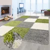 A shaggy rug with a checkered pattern of green, gray, and cream squares is laid out on a wooden floor in a living room setting, with a fireplace and television visible in the background.