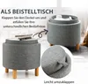 A grey ottoman is shown in two configurations: as a closed storage ottoman and as an open side table with books on top. A close-up of the ottoman's lid mechanism is also visible. Produktbild-Vorschau