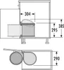 Technical drawing showing dimensions and installation of a pull-out waste bin system. Voir les images du produit