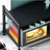 A microwave oven placed on a countertop with a shelf above it, showing ventilation arrows. Náhľad obrázku produktu