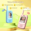 Two children's walkie-talkies, one blue and one pink, are displayed on colorful pedestals with promotional text and icons. Produktbild-Vorschau