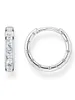 A pair of silver hoop earrings with clear square-cut stones and engraved lettering on one earring, presented against a white background. Produktbild-Vorschau