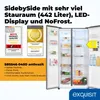 A side-by-side refrigerator with its doors open, showcasing its interior, alongside marketing badges and product information. Produktbild-Vorschau