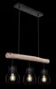 A black background highlights a three-light pendant lamp with a natural wood beam and black metal cages. Produktbild-Vorschau