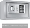 A close-up studio shot of a gray safe with a digital keypad and a dial. Produktbild-Vorschau