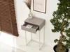 A narrow console table with an open drawer, placed next to wooden blinds and a potted plant. Produktbild-Vorschau
