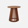 A wooden side table with a round top and a tapered base made of vertical wooden slats. Produktbild-Vorschau