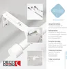 A close-up view of a white curtain rod with mounting brackets, accompanied by text describing its features and benefits. Voir les images du produit