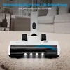 Close-up of the head of a cordless vacuum cleaner on a carpeted floor, with LED lights illuminated. Produktbild-Vorschau