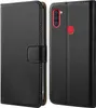 A black flip-style phone case for a Samsung Galaxy A11 is shown from two angles. Produktbild-Vorschau